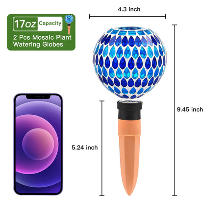 VOREEN Blue Mosaic Self Watering Globes 2 Pack, 500ml Handmade Glass Terracotta Plant Spikes, Automatic Self Watering Devices for Indoor Outdoor Pots, Decorative Water Saver Gift for Garden Lovers