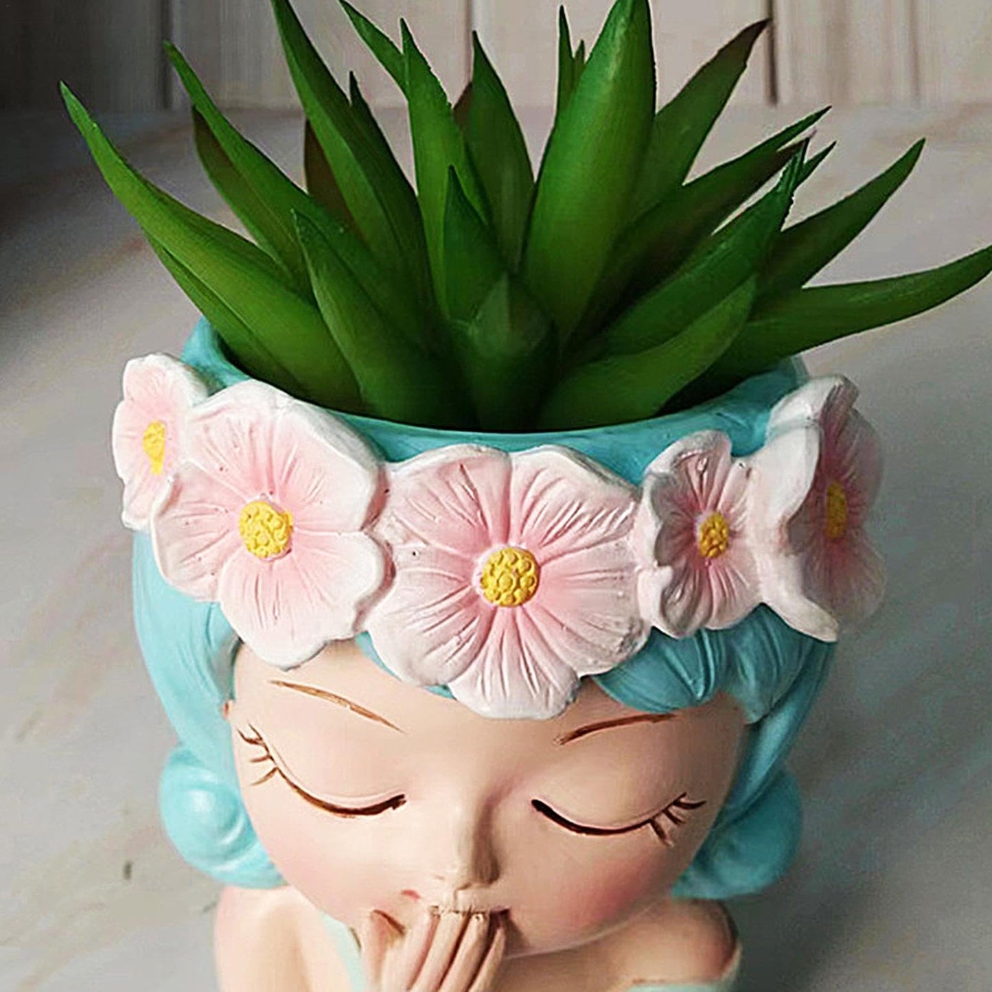 Flower Face Planter - Head Planter, Face Planters | Resin Planter with Drainage, Painted for Girl, Eyes Closed, Cactus Vase for Balcony, Indoor Outdoor Garden