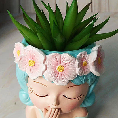 Flower Face Planter - Head Planter, Face Planters | Resin Planter with Drainage, Painted for Girl, Eyes Closed, Cactus Vase for Balcony, Indoor Outdoor Garden