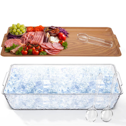 Baderke 1 Set 16" x 9" Chilled Serving Tray for Parties with Compartments Ice Chilled Party Crudite Platter Charcuterie Serving Board Cold Dish Dip Tableware for Seafood Vegetable (Light Wood)