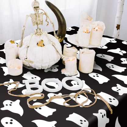 JarThenaAMCS Halloween Ghost Tablecloth Black White Cute Ghost Table Cover 60 x 104 Inch Table Cloth for Birthday Baby Shower Trick or Treat Party Supplies Decoration