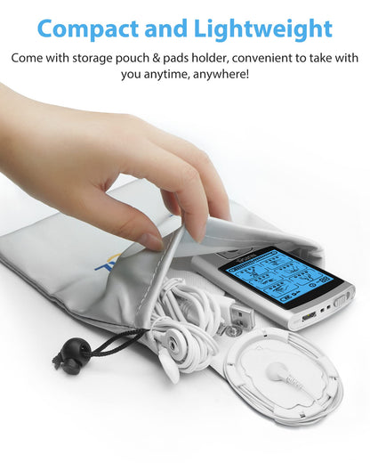 NURSAL 24 Modes TENS Unit Muscle Stimulator with Continuous Stimulation, Rechargeable Electronic Pulse Massager with 8 Pads for Back and Shoulder Pain Relief and Muscle Strength (Silver)