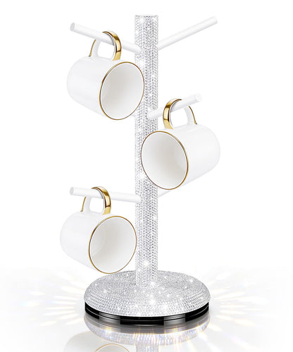 Mulixis Bling Mug Holder Tree, 360° Rotation Coffee Cup Holder with 6 Hooks Crystal Rhinestone Mug Tree Rack Aesthetic Design Home Organization（White）