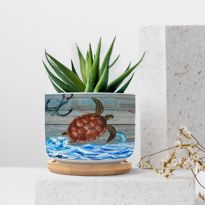 DreamAutumn Ocean Theme Sea Turtle Ceramic Pots for Plants with Drainage Holes Round Flower Pot Bamboo Tray Orchid Pot Succulents Pots for Outdoor Indoor Plants,Housewarming Gifts