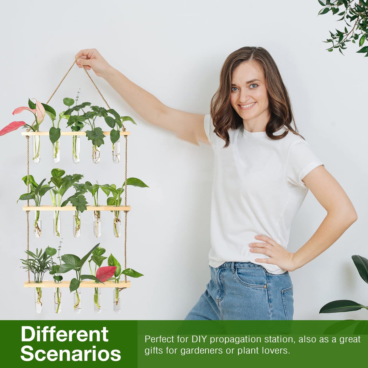 XXXFLOWER Wall Hanging Propagation Station with Wooden Stand 5 Glass Test Tubes 3 Tiers Planters Wall Terrarium for Home Office Plant Hanger Flower Vases Wall Decor Hydroponic Cuttings