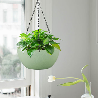 WSMKSZ 10 inch Hanging Planters for Outdoor Indoor Plants with Drainage Holes and Chain, 2 Pack Round Hanging Flower Pots for Garden Home Porch Decor,Green