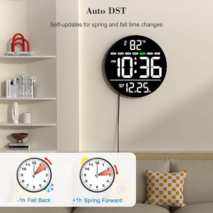 WallarGe Large Digital Wall Clock with LED Display, Electric Wall Clock with Temperature, Auto DST, Date, and Day, 5-Level Brightness for Office, Bedroom, Living Room, Classroom Décor