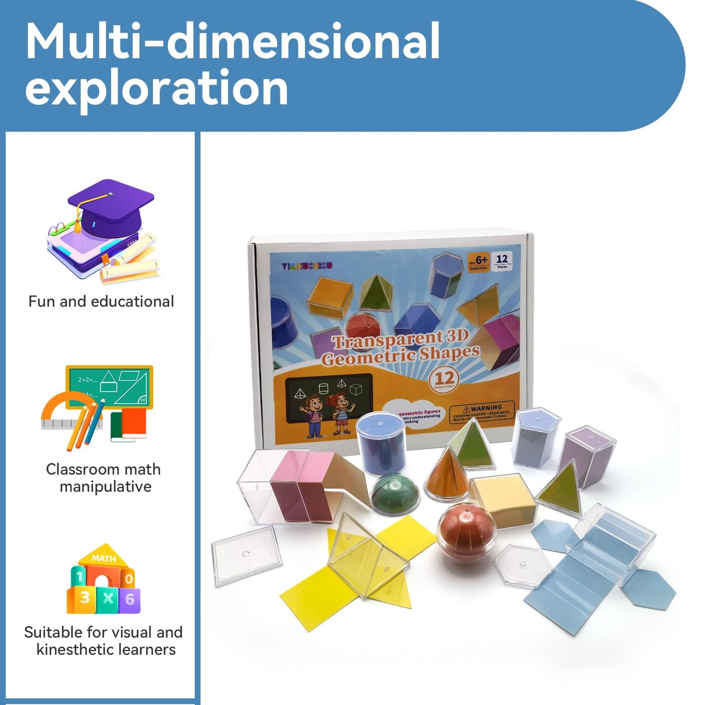 Geometric Solids 3D Shapes & 2D Folding Nets (1.96") 12+12 -Clear Math Manipulatives for Classroom & Homeschool -Thickened Durable Shapes with Smooth Edges,Teacher Supplies for Geometry, Volume & Nets