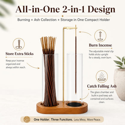 2 in 1 Incense Stick Holder - Glass Incense Holder with Ash Catcher & Incense Storage and Sticky Pads, Anti-Ash Flying Incense Stick Burner for Meditation Yoga Spa Home Office Decor