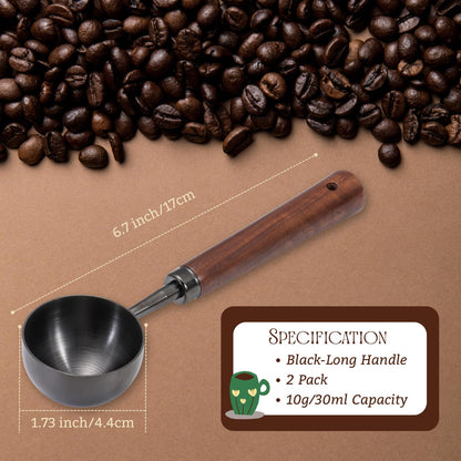 Vintage Coffee Scoop 10g/30ml Capacity 2pcs Retro 304 Stainless Steel Coffee Measuring Spoon Walnut Wooden Handle Coffee Scoop Kitchen Utensil for Measuring Scooping Tea Coffee Spices (Long Handle)