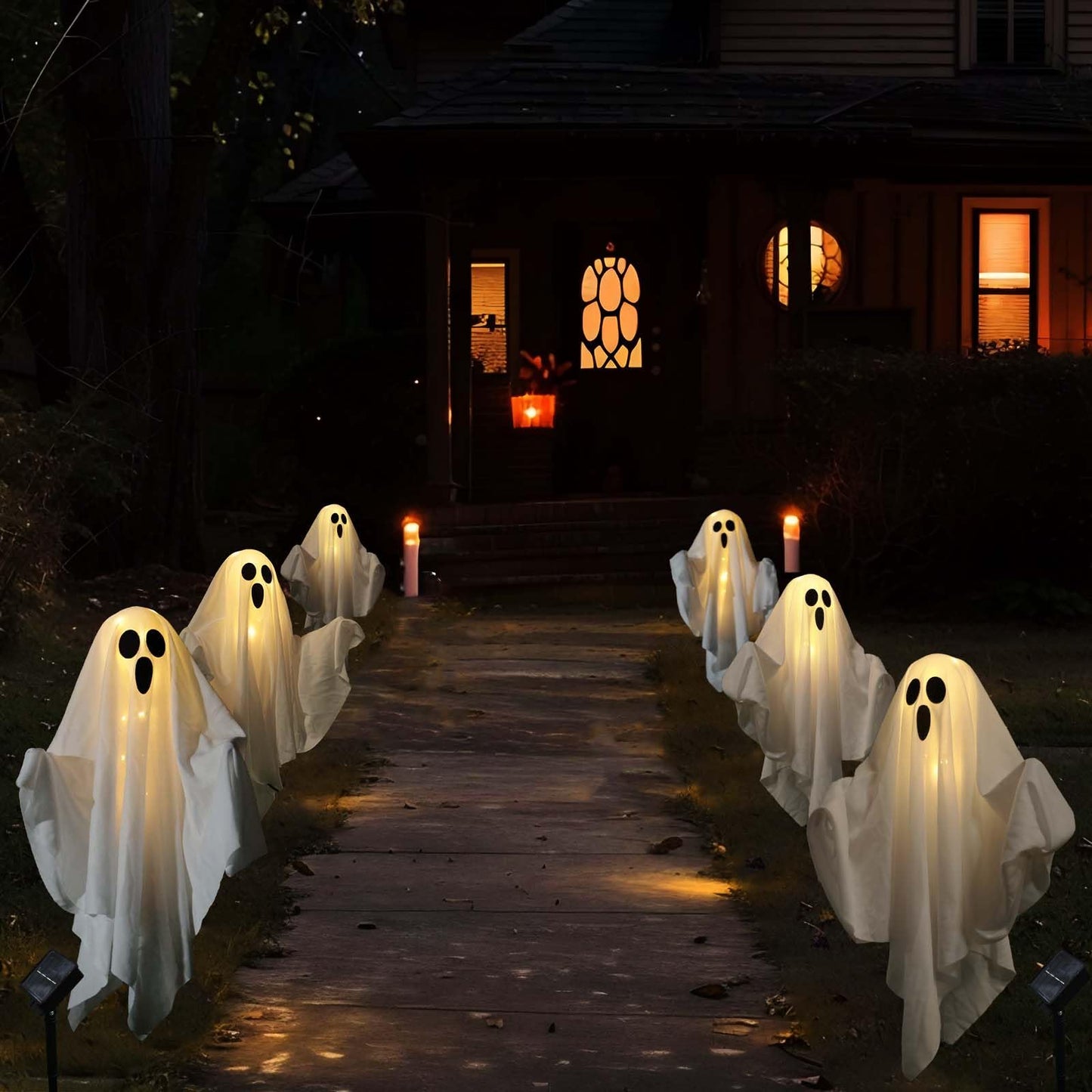 Solar Powered Halloween Decorations, 3 Pack Light Up Ghost Outdoor Path Pathway Kit Walkway Driveway Warm White Led Lights Solar Power Scary Yard Stakes Garden Lawn Decor