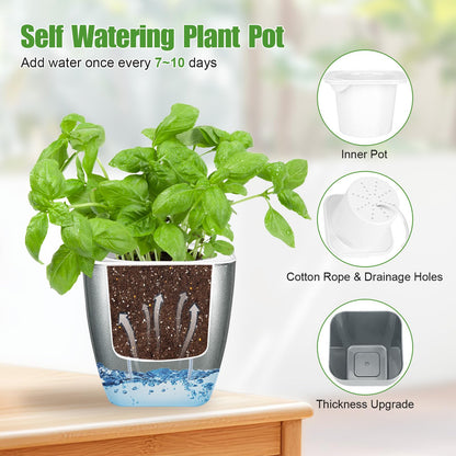 Oliz 8 Pack 4-inch Plant Pots Indoor Garden Decorative Flower pots Small Self-Watering Planters for Small Plants WindowSill Planters for Succulents, African Violets, Herbs(Sliver Black)