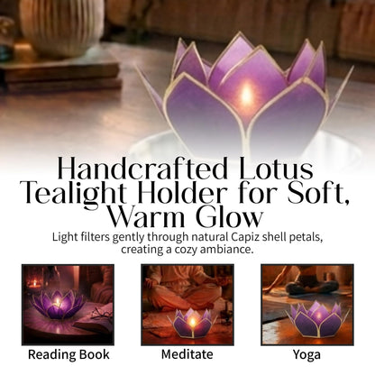 Om Gallery Mini Gemstone Lotus Tealight Holder - Handcrafted Capiz Shell Design for Soft Glow, Elegant Home & Table Decor, Wedding Centerpiece, Votive Candle Styling & Thoughtful Gifting - Tanzanite