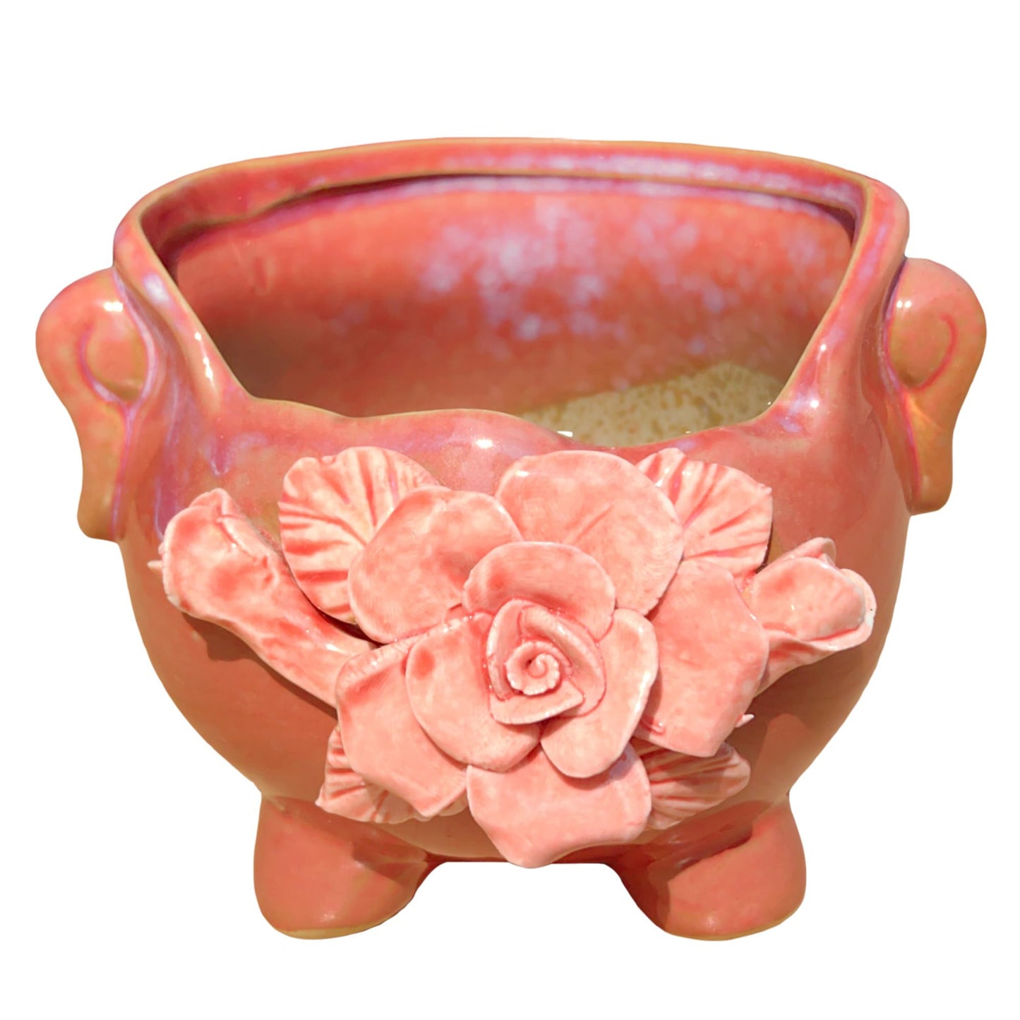 FMTITF Ceramic Planter for Succulents & Flowers 4" H, Cracked Rim with Sculptural Appliqué Design, Indoor/Outdoor Glossy Glaze Flower Pot, Drainage Plug & Curved Handles, Compact Tabletop Decor
