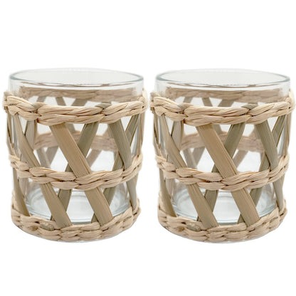 Rattan Woven Tea Light Candle Holder Set of 2 - Natural Seagrass Hand Woven Votive Tealight Candle Holder, Decorative Coastal Boho Beach House Votive Tealight Candle Holder for Dining Table Kitchen