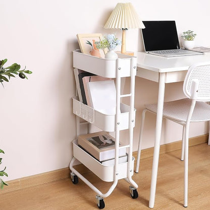 MAX Houser Slim 3-Tier Rolling Utility Cart, Narrow Metal Bathroom Storage Multifunctional Organizer Carts with Wheels with Extra Hook, Laundry Room,Kitchen,Small Space(White)
