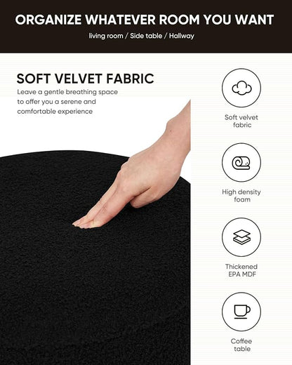 B FSOBEIIALEO Ottoman with Stroage, Round Boucle Storage Ottoman with Gold Plating Base,Foot Rest Stool for Dorm Room, Living Room Black, 14.76"x14.76"x16.34"