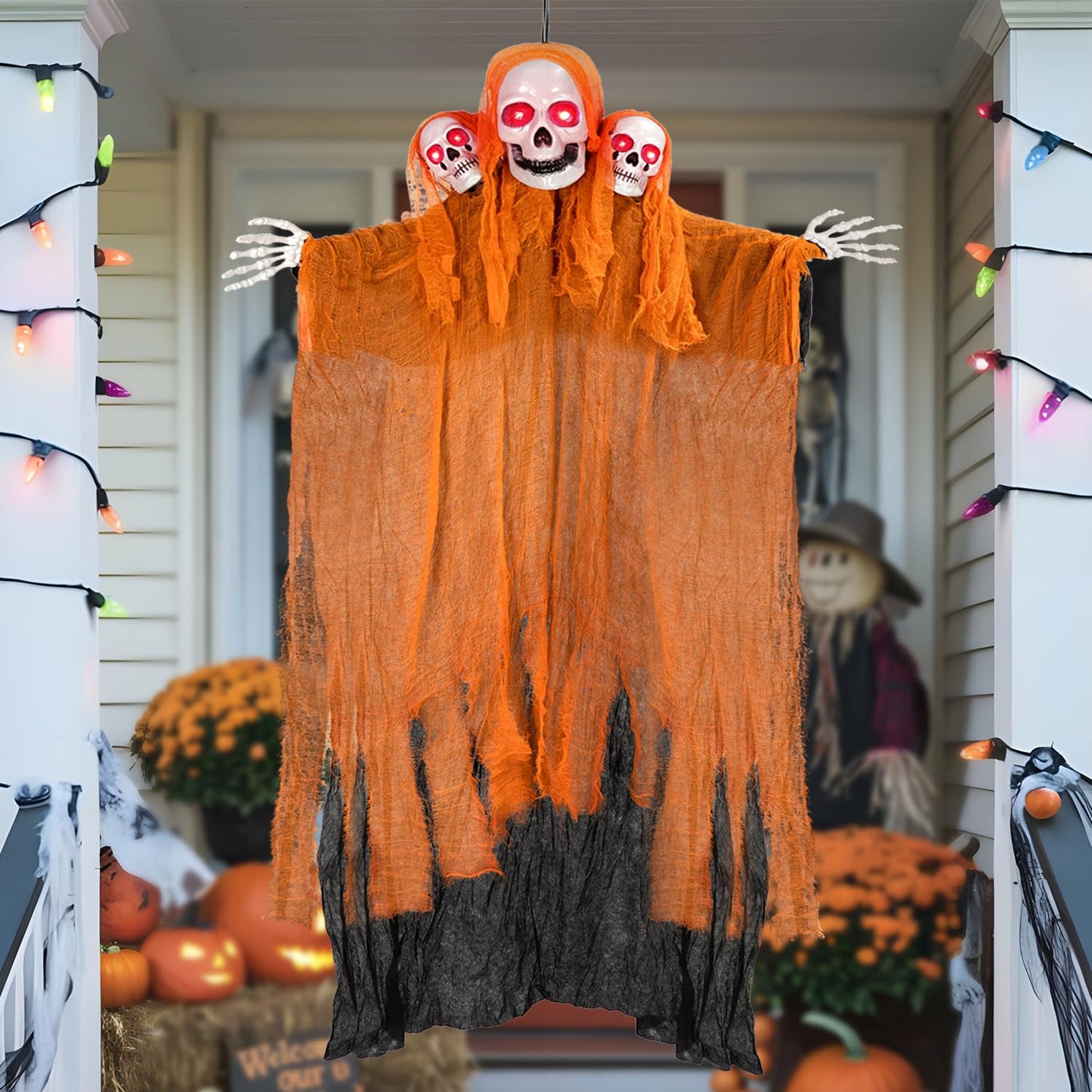 Kendane Halloween Decorations Outdoor and Indoor,Halloween Hanging Ghosts,Scary Grim Reaper Skeleton with Light-Up Eyes and Creepy Sound,Scary Party Decorations for Yard,Lawn,Haunted House Decor