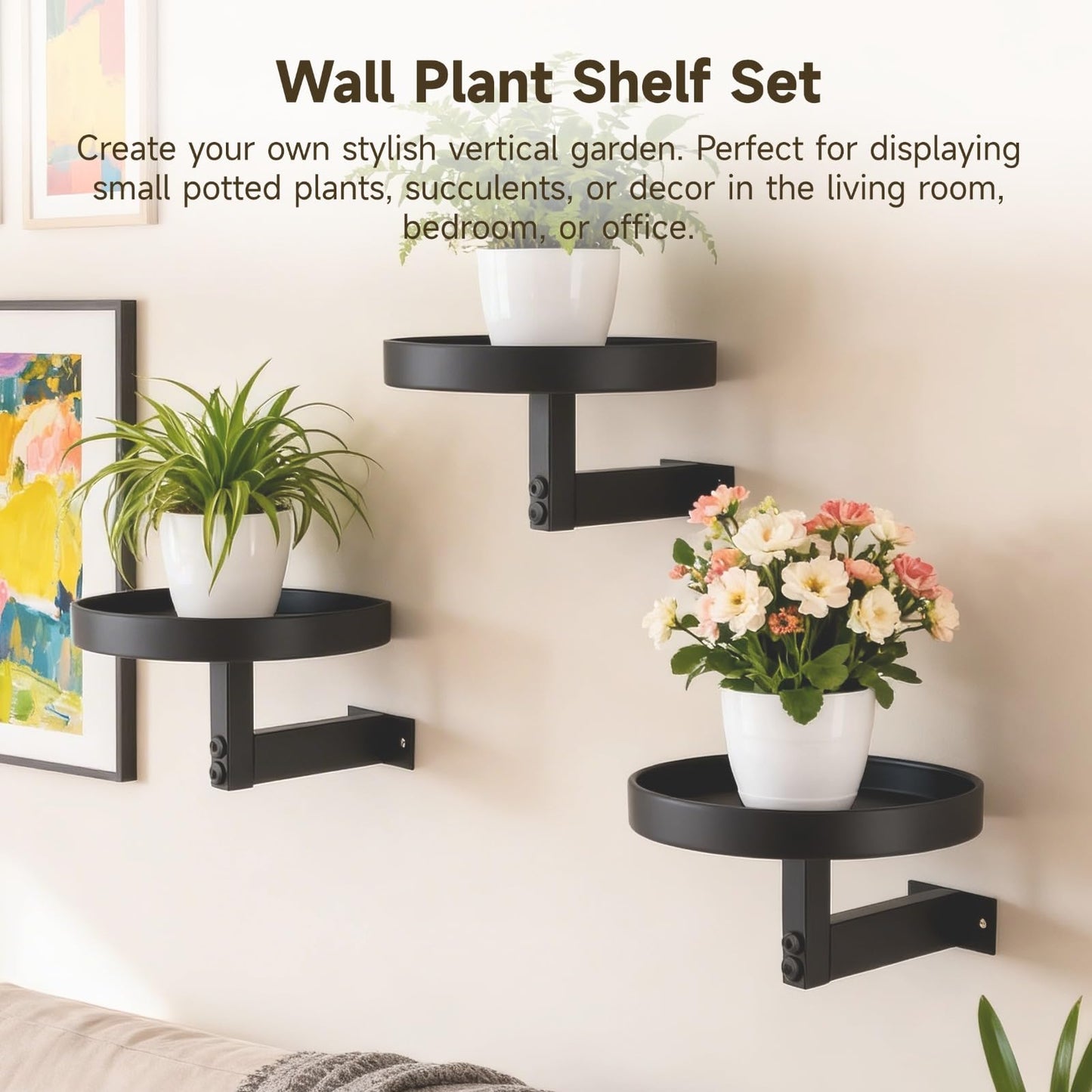 OMISTAR 3 Pcs Wall Plant Holder, 5.9 in Metal Floating Shelf with Round Tray, Wall Mounted Plant Stand for Indoor Greenery, Space-Saving Design for Living Room, Bedroom, Home Office