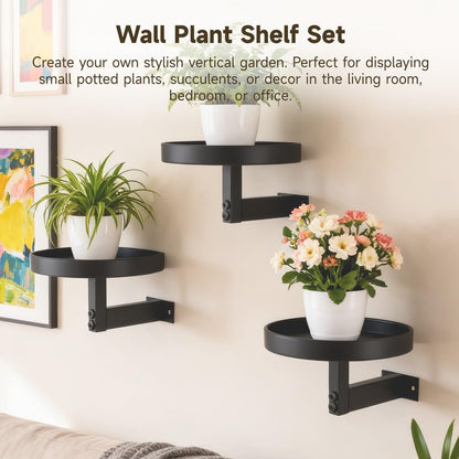 OMISTAR 3 Pcs Wall Plant Holder, 5.9 in Metal Floating Shelf with Round Tray, Wall Mounted Plant Stand for Indoor Greenery, Space-Saving Design for Living Room, Bedroom, Home Office