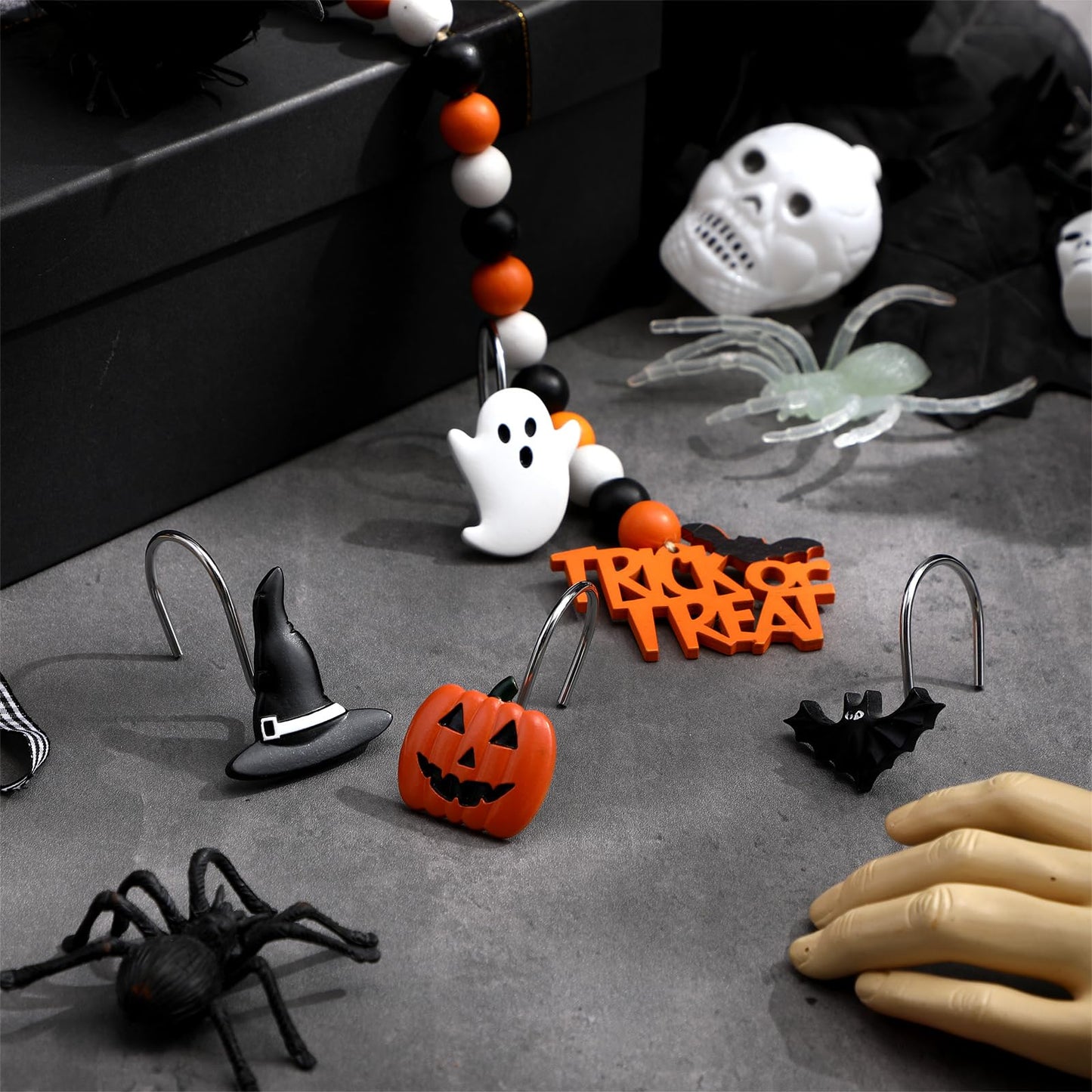 Yungyan 12 Pcs Halloween Ghost Shower Curtain Hooks Pumpkin Curtain Hangers Bat Witch Decorative Rings Accessories for Halloween Bathroom Restroom Decor