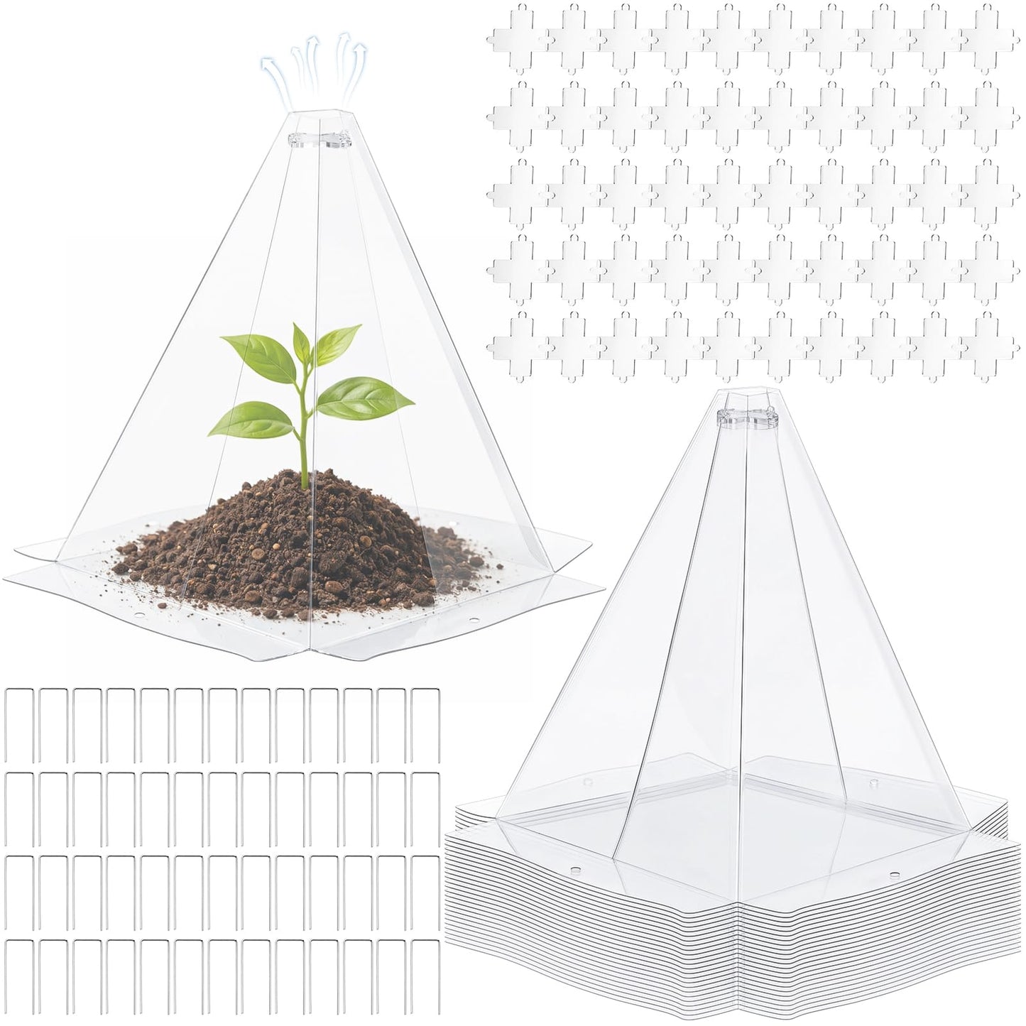 Yalikop 50 Pack Garden Cloches for Plants, Clear Plastic Plant Cloche Covers with 100 Stakes, Reusable Frost Protection Dome for Seedlings, Protect from Snails, Birds, Animals, 7.8" x 11"