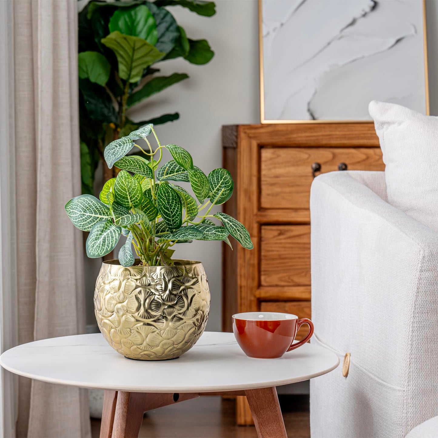 MyGift 5.5 inch Vintage Style Brass Tone Metal Embossed Ginkgo Leaf Design Planter Pot Bowl for Indoor Plants - Handcrafted in India