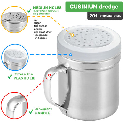CUSINIUM [Set of 3] 10oz Stainless Steel Dredges With Handle - Fine Mesh + Medium Holes + Large Holes (For Coarse Seasonings)