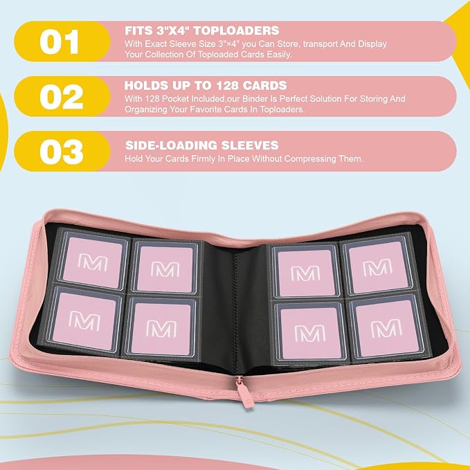 Toploader Binder,4-Pocket Side Load Trading Card Album, Holds 128 Cards with Double-Sided Pockets for MTG, Sports Cards, Top Loader Storage