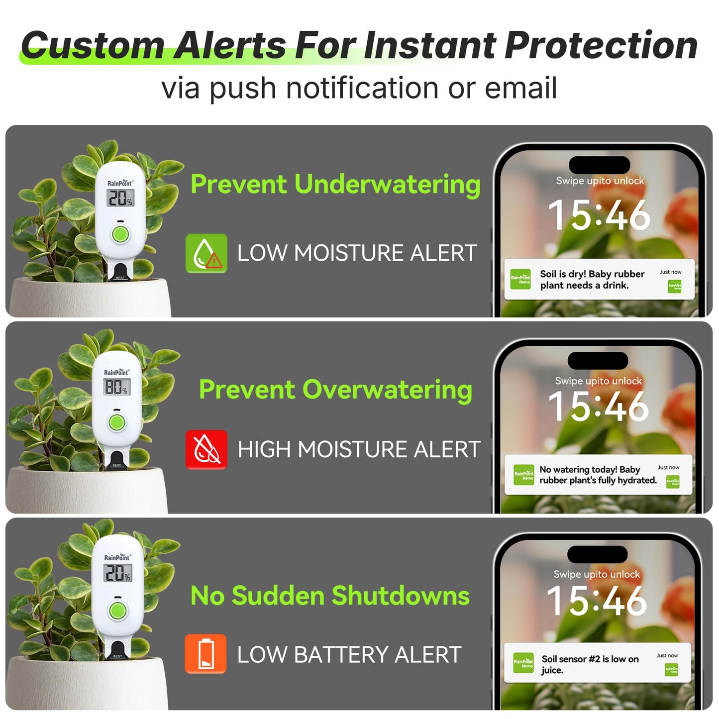 RAINPOINT Smart Digital Wireless Plant Moisture Meter Houseplants Indoor WiFi Hub Kit with Low/High Moisture Alert,Real-time Monitor Hygrometer Sensor Outdoor Gardening Push Notification&Email