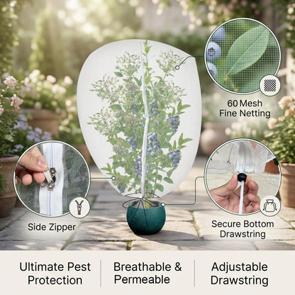 Gardtree 4PCS 2.2 x 3.2 FT Small Garden Plant Netting Covers with Double Zipper & Drawstring – Potted Plant Mesh Cover for Strawberries, Herbs & Flowers – Reusable Anti-Squirrel Barrier