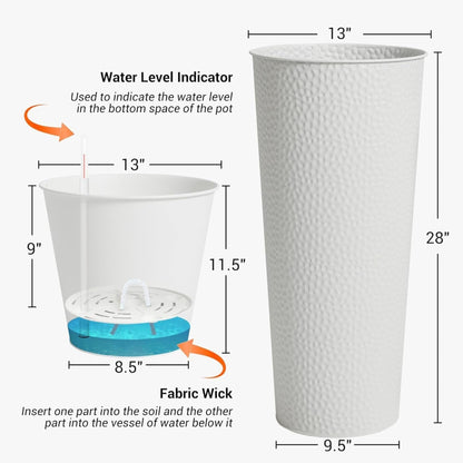 Worth 2 Pack 28" Tall Narrow Metal Planter with Inside Pot for Indoors or Outdoors, Deck, Patio or Front Porch, Hand-Hammered Texture, White