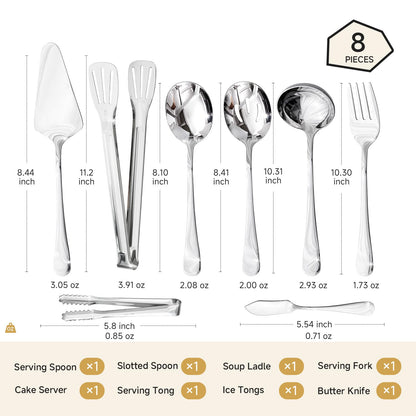 HIKAA 8PCS Serving Utensils Set, 18/10 Modern Serving Utensils Set for Kitchen, Stainless Steel Serving Utensils, Slotted Spoons, Forks, Tongs, Cake Server, Butter Knife for Buffet, Catering, Wedding