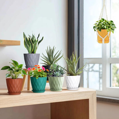 Meowell 7 inch Plant Pots for Indoor Outdoor Plants, 5 Pack Thick Flower Pots with Drainage Holes and Saucers, 3D Modern Wave Texture Plastic Planter Pots for Nursery and House Plants, Blue Green