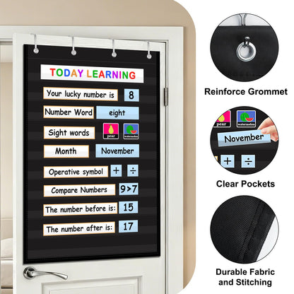 AUVCAS Pocket Chart for Classroom & Homeschool,10 Clear Pocket Hanging Organizer for Sentence Strips,Word Walls & Calendar Display,Holds All Standard Cards,Heavy Duty 43" x 28" - Black