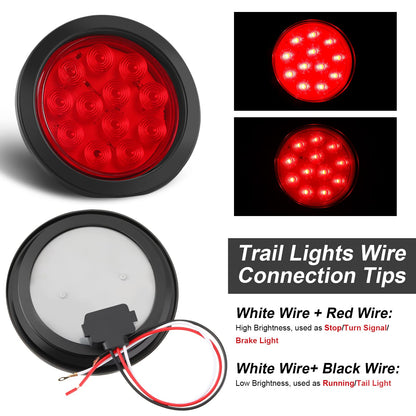 BBTO 12 Pcs 4 Inch Round LED Trailer Tail Lights, Waterproof Brake Stop Turn Marker Lights, Plastic, Red