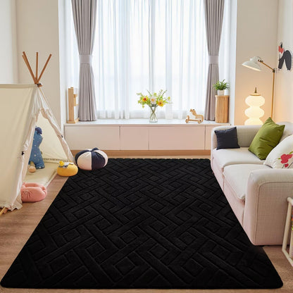 Flagover 3x5 Black Washable Area Rug for Bedroom, Modern Geometric Shag Non-Slip Living Room Rugs, Fluffy Plush Soft Memory Foam Carpet for Kids Boys Room Nursery Room Dorm Bedside Decor