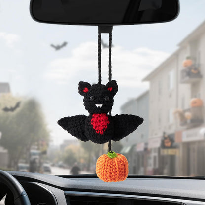 Rislobx Crochet Bat and Pumpkin Car Rearview Mirror Hanging, Knitted Cute Halloween Bat Car Charm Ornament, Handmade Pendant Mirror Decor Auto Interior Accessories (Pumpkin)