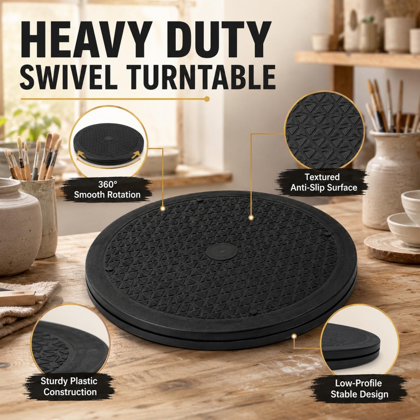 RHBLME 3 Pack Black Lazy Susan, 12 Inch Heavy Duty Rotating Swivel with Steel Ball Bearings Stand for Turntable, Monitor, TV, etc.