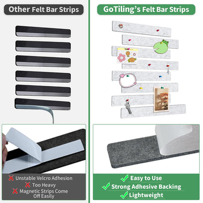 GoTiling Cork Board for Walls - 8 Pack Felt Pin Board Bar Strips - Self-Adhesive Lightweight Bulletin Board - Cork Board for Office with 40 Push Pins No Damage for Wall (Black White Grey)