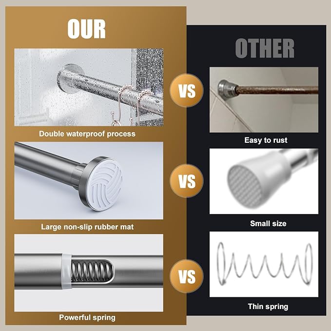 Ausemku Shower Curtain Rod 32-50 Inch Adjustable - 1 Inch Diameter Heavy Duty No drill Spring Tension Shower Rod, Non-Slip Rustproof Telescopic Rod for Bathroom, Nickel