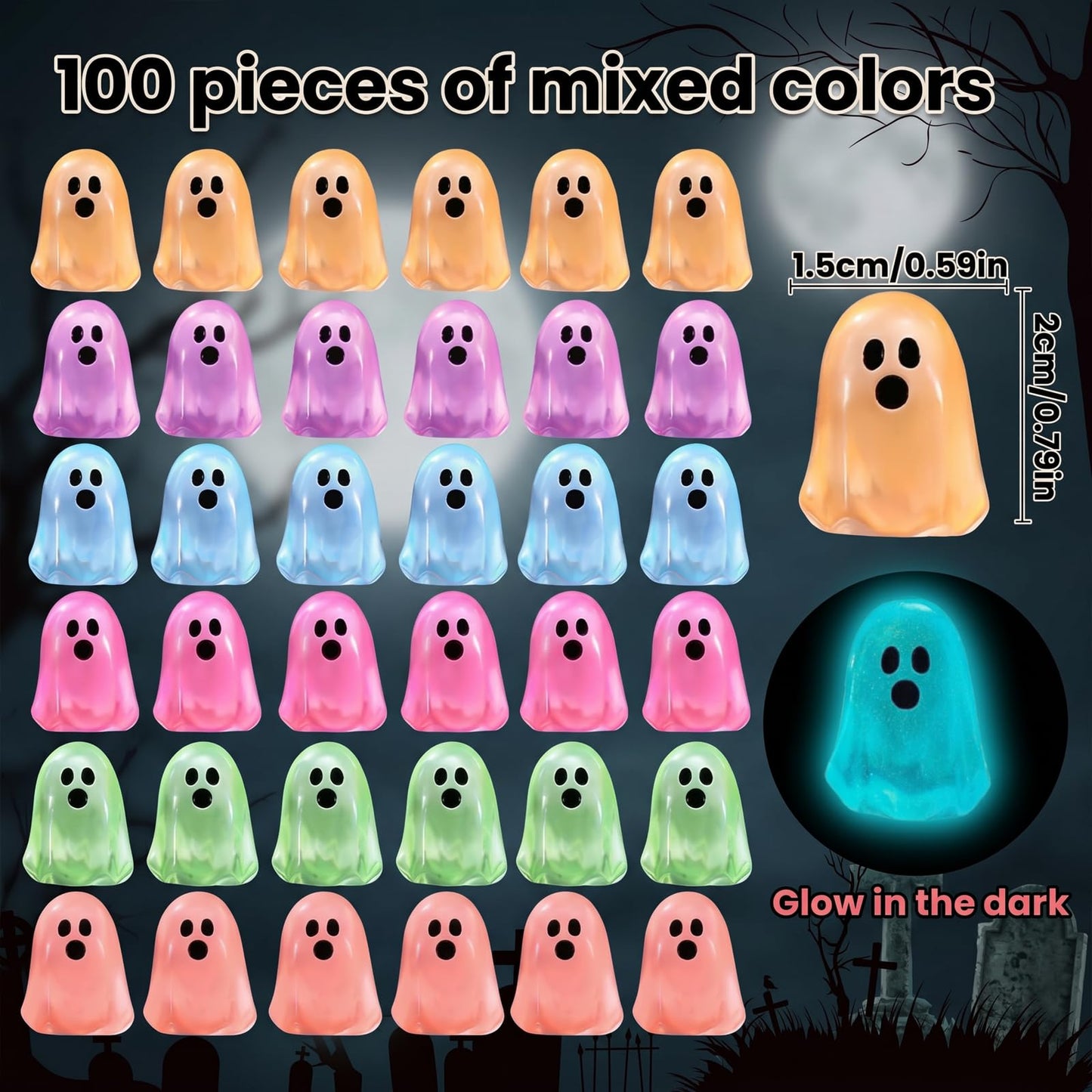 zmzdp 100pcs Halloween Mini Ghosts Figures, Luminous Mini Resin Ghost Figurines, to Hide Glow in The Dark Tiny Ghost Figures for Halloween Party Favors, Plant Pot Landscape, Fairy Garden Party Decor