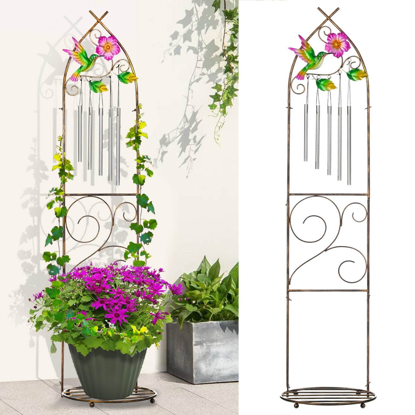 Plant Stands with Garden Trellis, 48” Metal Standing Wind Chimes Plant Pot Trellis with Hummingbird for Garden Patio Backyard Climbing Plants Outdoor Decor