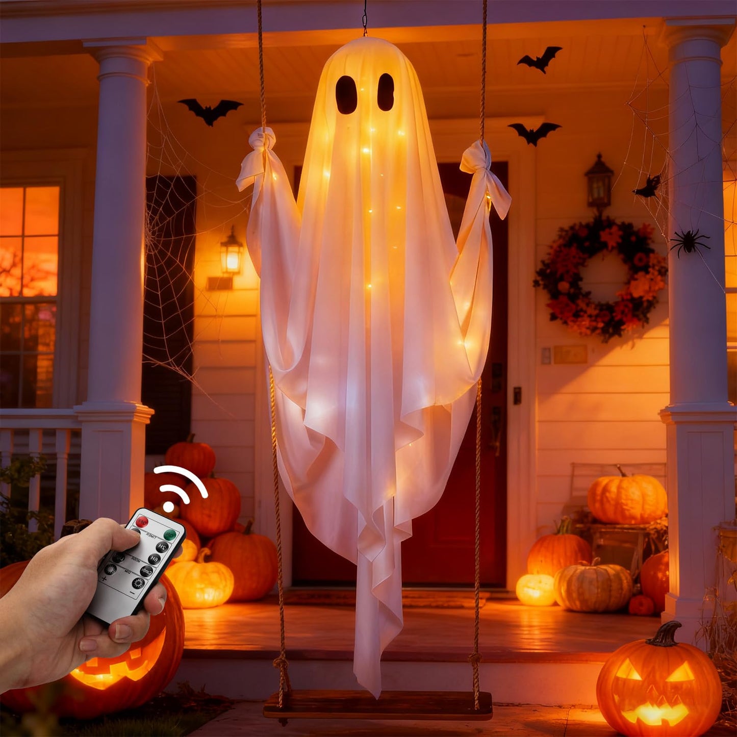 Yywsya Halloween Decorations Outdoor Large Hanging Swing Ghost with String Lights Remote Control Halloween Swinging Ghost Decor for Tree Porch Yard Garden Lawn