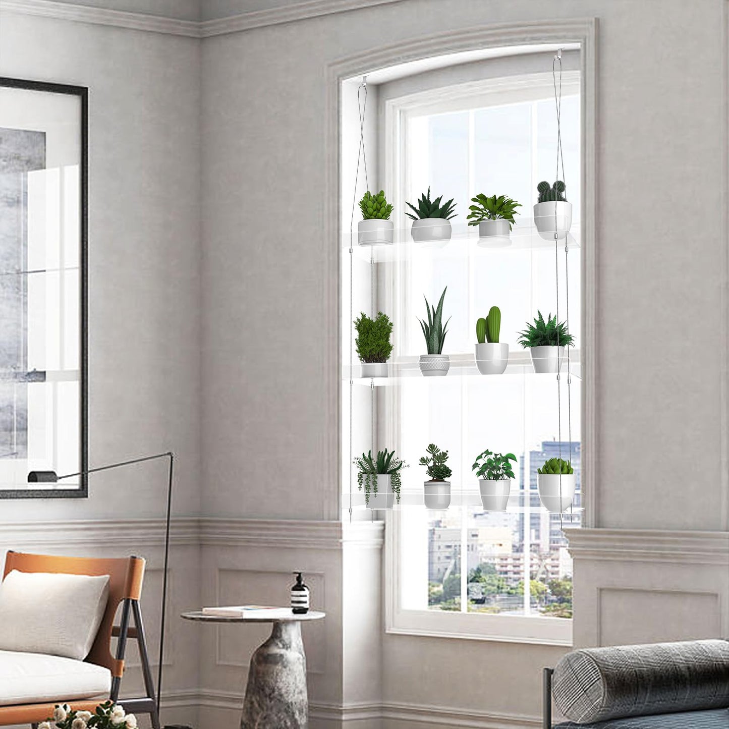 ZerzSemp 3-Tier Hanging Clear Plant Shelves for Windows, Acrylic Window Wall Plant Stand Shelf for Kitchen Indoor Gardens, Flower, Herb, Seedling Organization, and Pots Display, 16 Inch per Tier