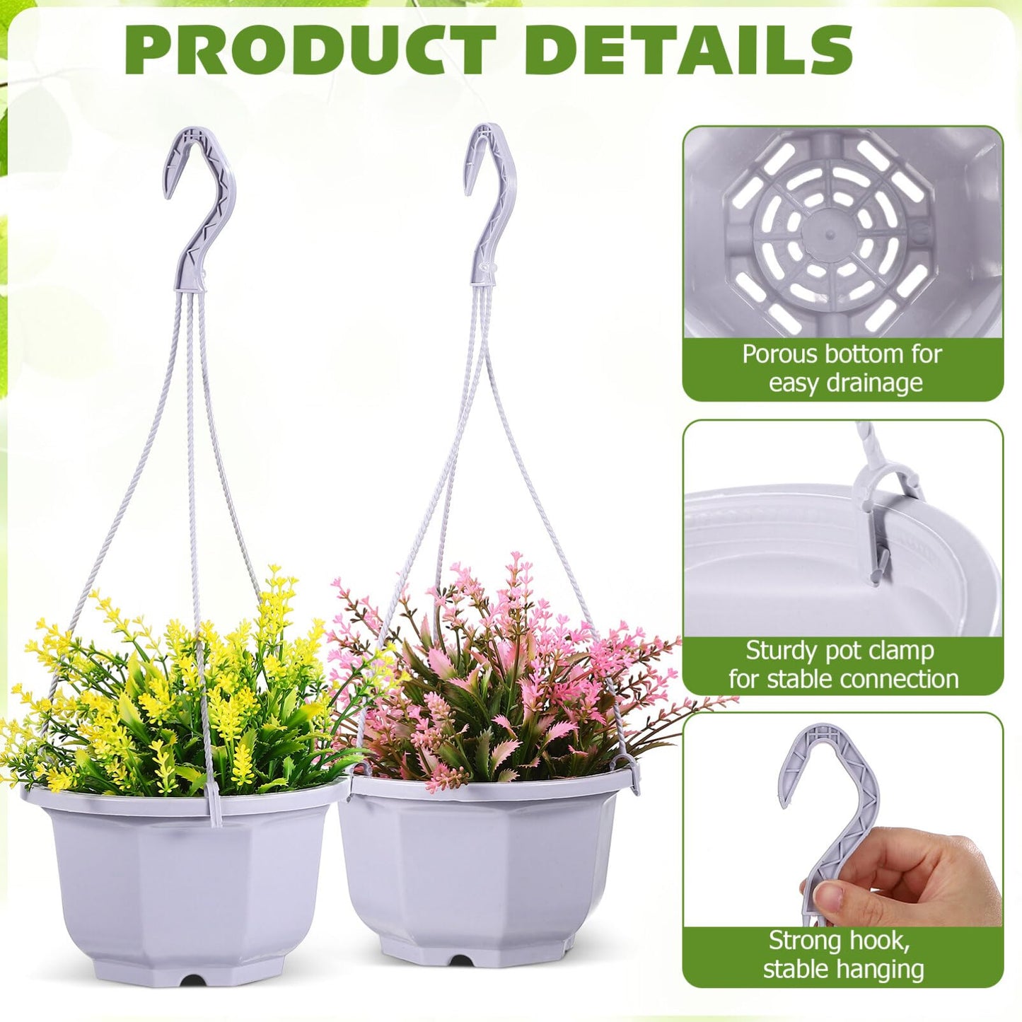 Toddmomy 10Pcs Octagon Plastic Hanging Planters with Drainage Holes for Indoor Plants Balcony Garden Lightweight Hanging Pots with Hooks