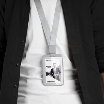 Phomo Self Retractable ID Badge Holders with Carabiner Reel Clip and Badge Lanyard, Heavy-Duty ID Card Holder for Neck, Vertical Style Transparent Hard Accessories Clear, (Holds 1to 2 Cards) (Black)