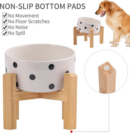 Elevated/Raised 15°Tilted Anti Slip Ceramic Dog Bowl for Small/Medium Breeds,Slanted Bulldog Big Face Pet Food Water Feeding Dish with Stand for Cats and Dogs (3.6 Cups/28 OZ) Black Dot