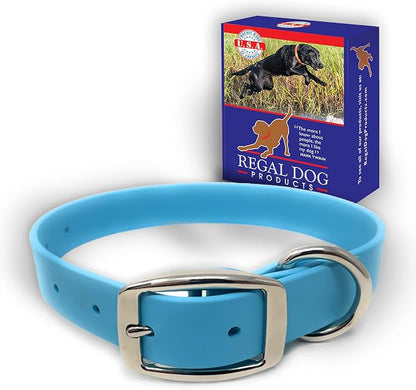 Regal Dog Products Large Light Blue Dog Collar with Heavy Duty Double Buckle & D Ring | Vinyl Coated, Custom Fit, Adjustable Biothane Dog Collar Chew Resistant Waterproof Collar for Dogs