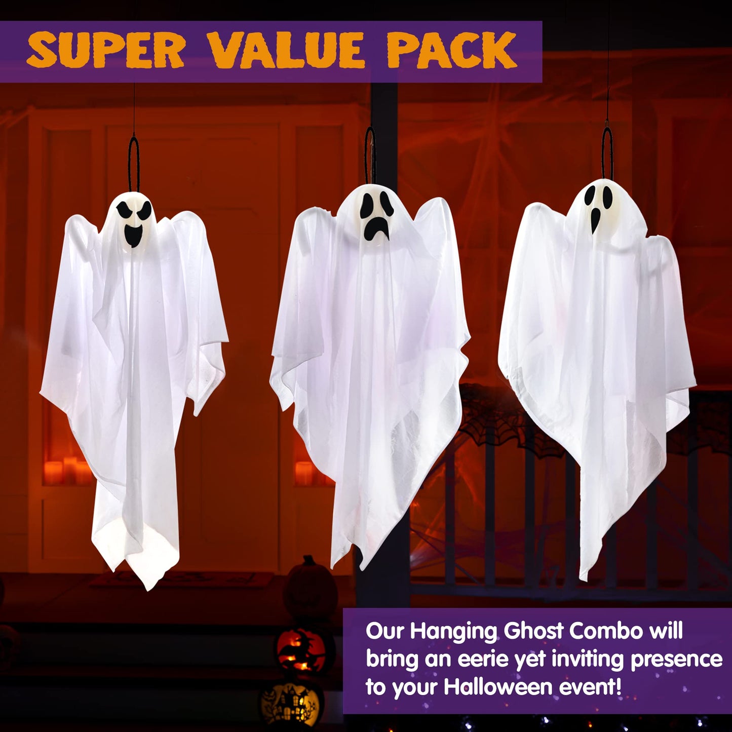 JOYIN 3 PCS Halloween Party Decorations 27.5" Hanging Ghosts, Cute Flying Ghosts for Front Yard Patio Lawn Garden Party Décor and Holiday Decorations